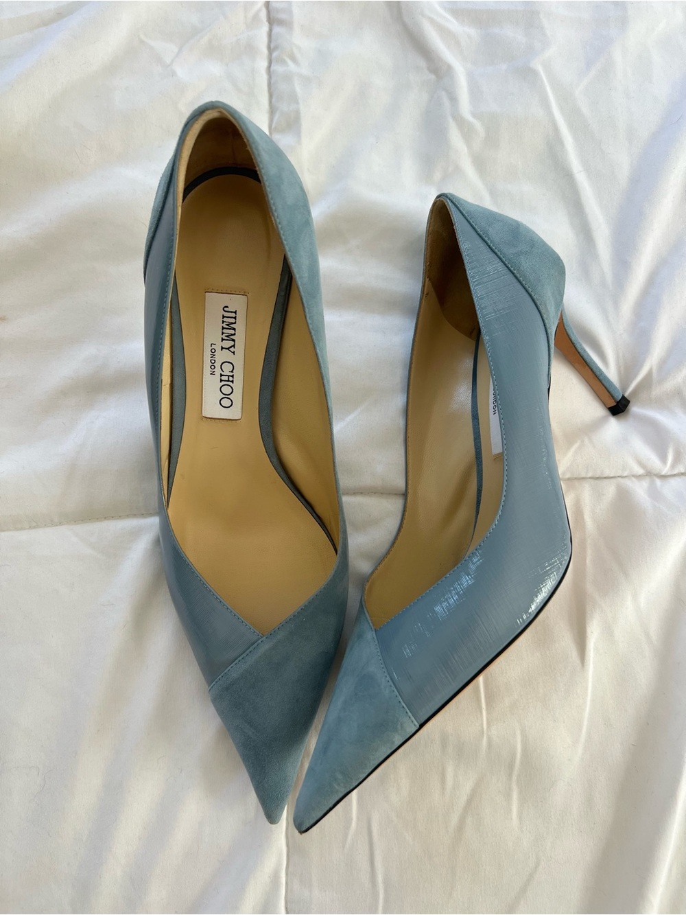 Jimmy Choo Powder Blue Pointed-Toe Leather & Suede Pumps